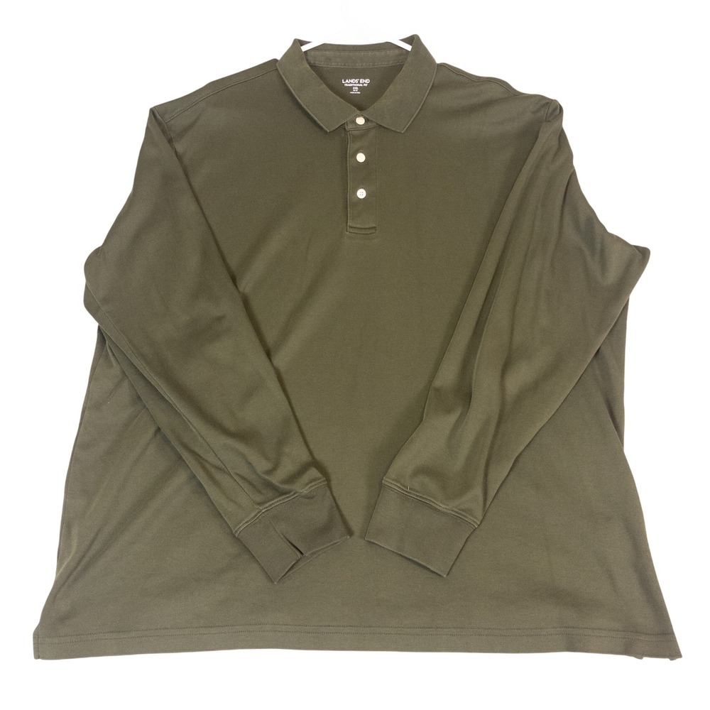 Lands End Mens XXL Olive Green Long Sleeve Polo Traditional Fit Pique Cotton